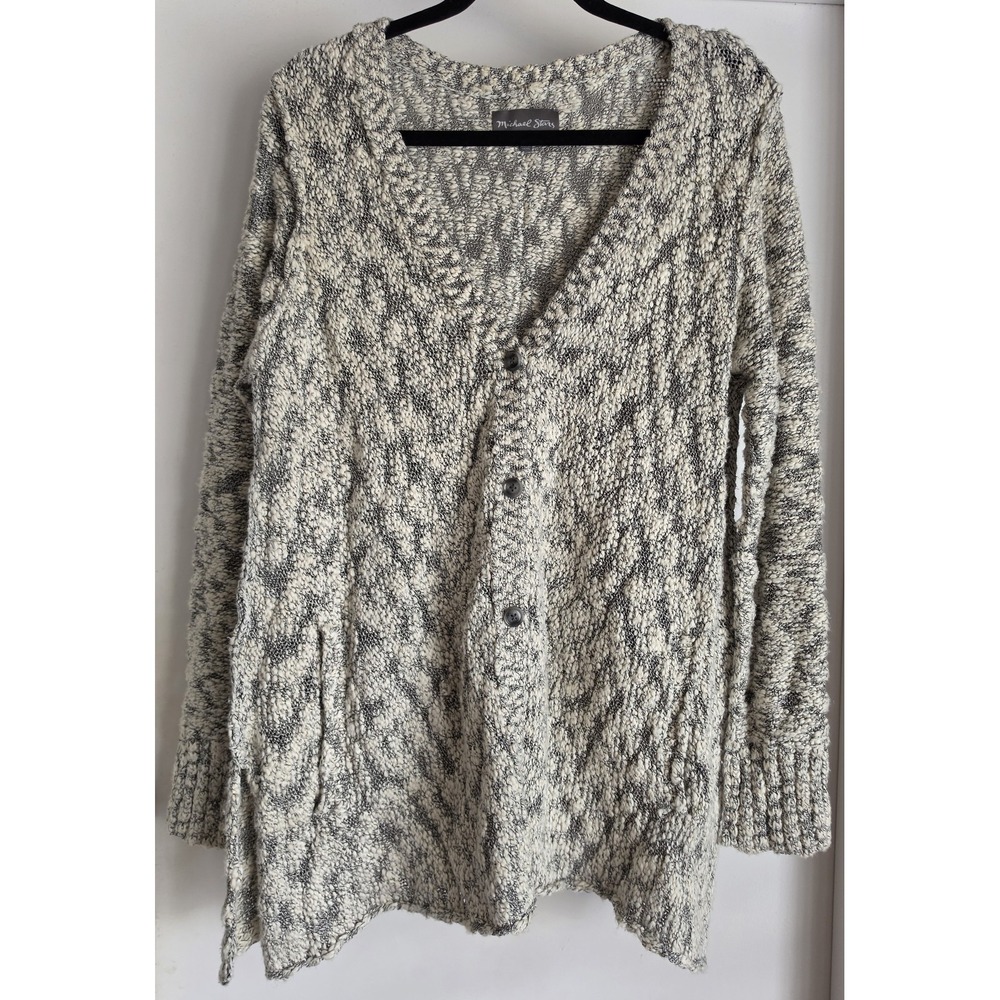 Michael Stars Cardigan Women L Black White Marled Cotton V-Neck Classic Knit